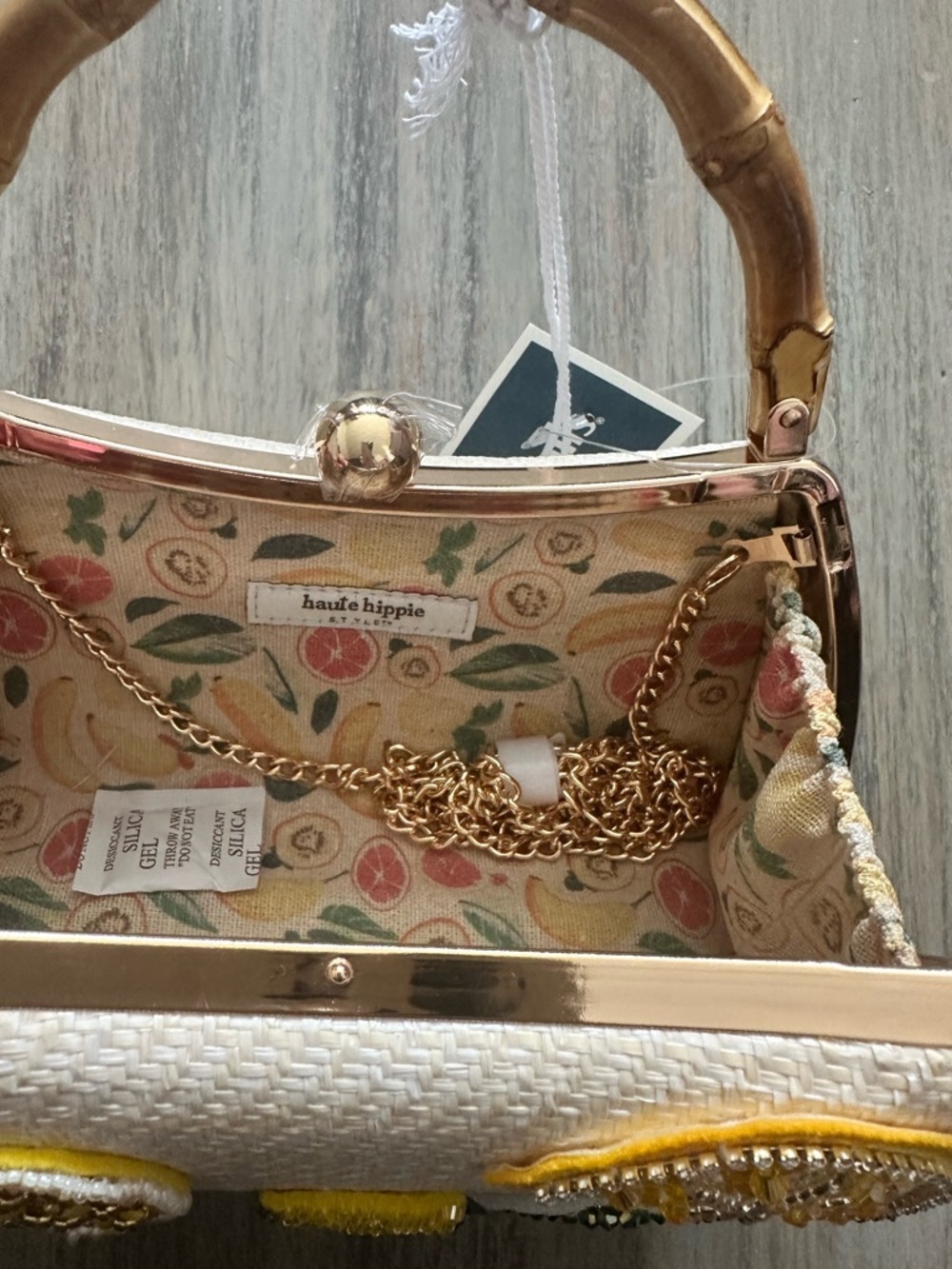 Haute Hippie Cream Straw Clutch Handle Crossbody with Fruit Appliqués - Picture 7 of 7